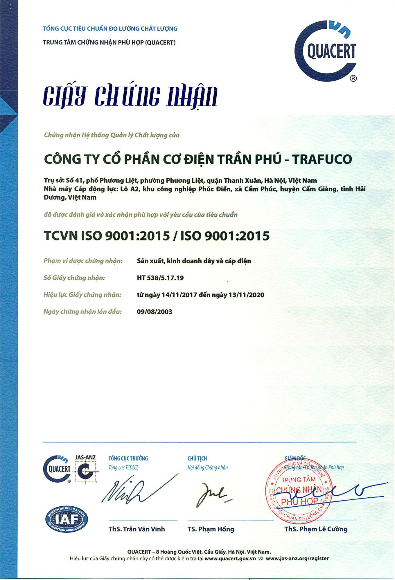 Tran Phu Wire and Cable - asserted quality by ISO 9001:2015 standard